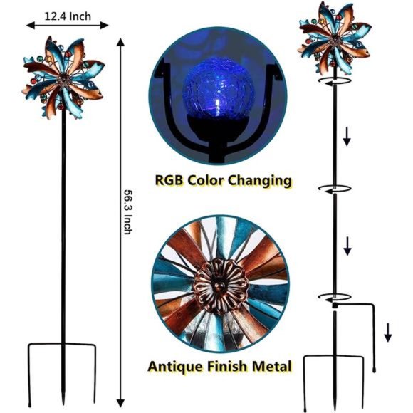 Solar Wind Spinner,56.3Inch Outdoor Metal Stake Yard Spinners,Garden WindCatcher - Picture 2 of 6